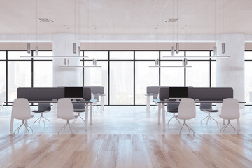 Loft concrete and wooden coworking office room interior with partitions, equipment, furniture, window with city view and daylight. 3D Rendering.