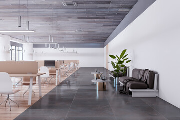 Modern concrete and wooden coworking office room interior with partitions, equipment, furniture, window with city view and daylight. 3D Rendering.