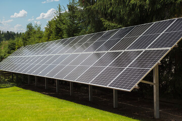 Solar panels installation in the garden on the grass. Renewable energy concept.