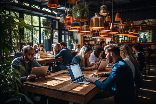 a busy coffee shop with people, laptops open, and conversations buzzing, the dynamic atmosphere and productivity of a busy work environment. Generative AI