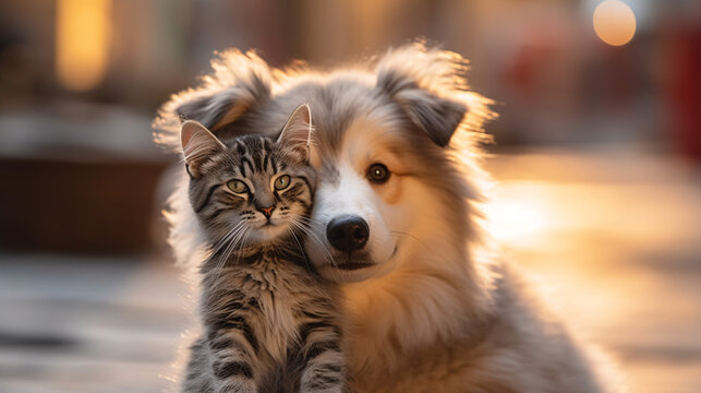 cute cat and dog hugging. blurred background. Generative Ai