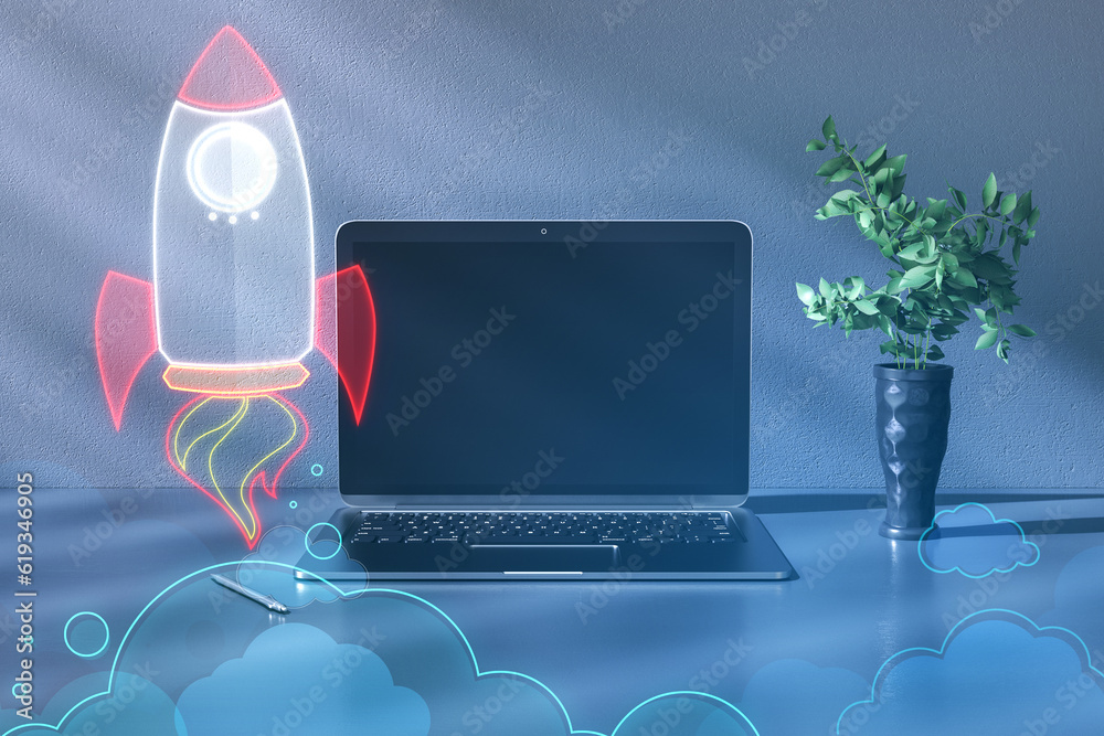 Poster Close up of mock up laptop computer with creative rocket ship sketch on blurry background with plant. Content launch and spaceship concept. Double exposure.