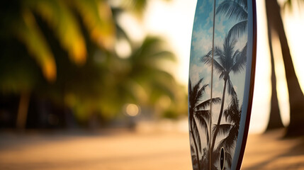 Blur surfboard and palm leaf on tropical beach abstract background. Travel concept. Generative Ai