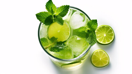 Mojito cocktail or soda drink with lime and mint isolated on white background. top view. Generative Ai