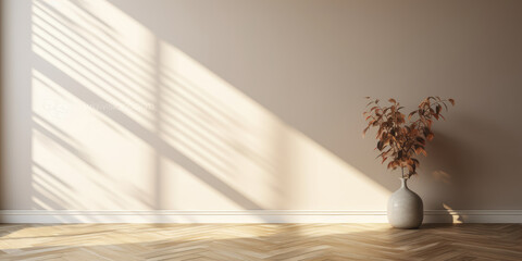 An empty luxury room with a beige white wall in dappled sunlight from a window and tree leaf shadow on wood chevron parquet. 3D image for luxury interior design, decoration product background.