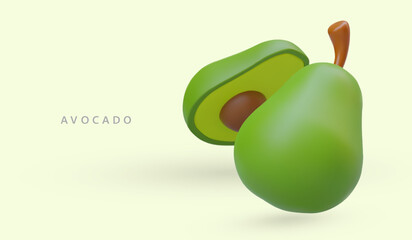 3D avocado whole and half. Color illustration with shadows on light background. Fruit rich in natural oils. Commercial template for grocery store, market, farmers, cooks