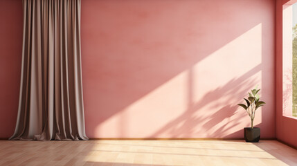 Baseboard in sunlight and shadow for luxurious interior design, decoration, restoration, and home appliance product space background in 3D, with a cavern pink wall. 
