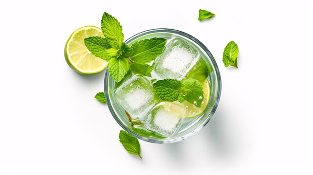 Mojito cocktail or soda drink with lime and mint isolated on white background. top view. Generative Ai