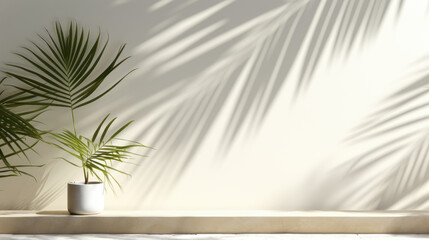 For premium hygienic organic cosmetic, skincare & beauty treatment product background, minimal white counter podium with soft gorgeous dappled sunshine and tropical palm foliage leaf shadow on wall