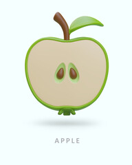 Detailed isometric image of apple cut in half. Fruit with seeds, leaf, stem, and green skin. Natural symmetry. Bright 3D illustration. Vector modern concept with text