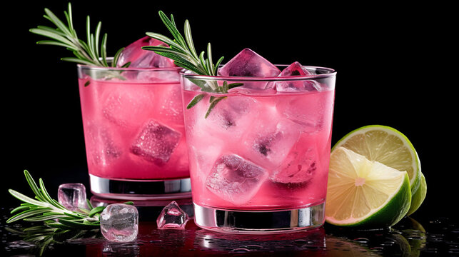 Refreshing pink drink or cocktail with ice, garnished with a slice of lime and rosemary. Generative Ai