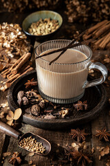 Masala tea in cup  with  spices, selective focus