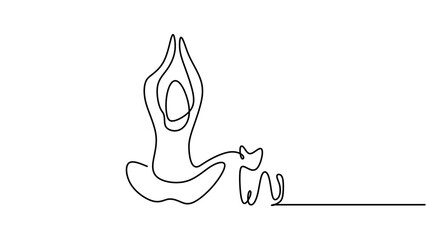 Cat yoga women, continuous line art drawing. Single sketch artwork with exercise and body healthy lifestyle.