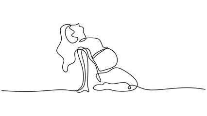 Prenatal yoga continuous line drawing, pregnant woman doing exercise vector illustration.