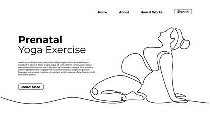 Prenatal yoga exercise, woman doing healthy pose during pregnant. Continuous one line art drawing minimalist, landing page template web concept, vector illustration editable stroke hand drawn.