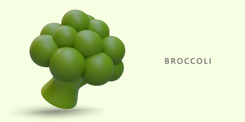 3D green broccoli. Useful vegetable. Type of cabbage. Ingredient for vegetarian dishes. Healthy organic food. Horizontal banner on colored background with inscription