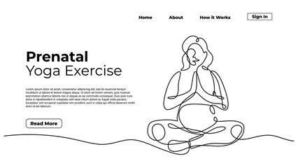 Pregnant mother doing yoga, continuous one line drawing. Sketch art illustration landing page template.