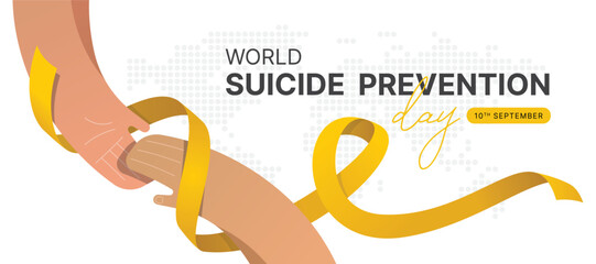 World Suicide prevention awareness day - Yellow ribbon awareness roll waving hands care and connection to give hope on dot world map texture background vector design - obrazy, fototapety, plakaty