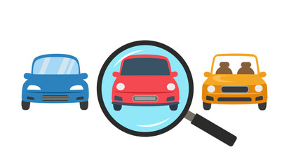 Hand holding magnifying glass choosing car in flat design on white background.