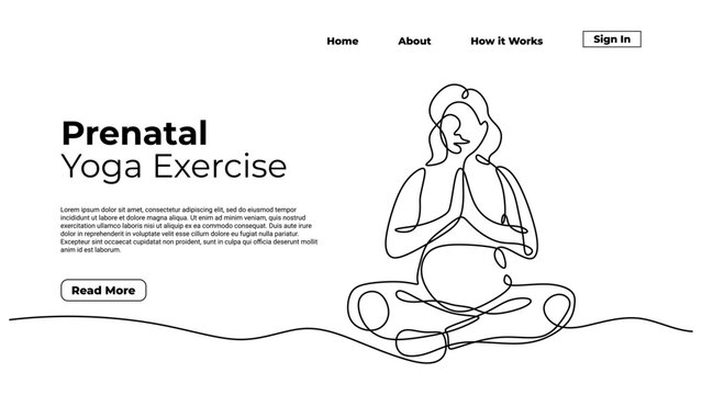Pregnant mother doing yoga, continuous one line drawing. Sketch art illustration landing page template.