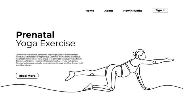 Prenatal yoga Continuous one line art drawing. landing page template web concept, vector illustration editable stroke