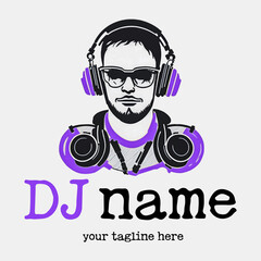 Dj Logo Design. Creative vector logo design with headphones and DJ with glasses. Music logotype template. For accessory, brand, identity, logotype, company, shop, dj party. Black background. Mp3 sign.