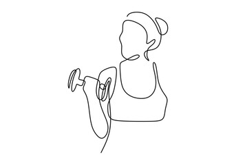 Woman exercise with dumbbell. Continuous line drawing.