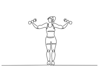 Woman exercise with dumbbell. one line drawing. Two hands training for muscular strength.