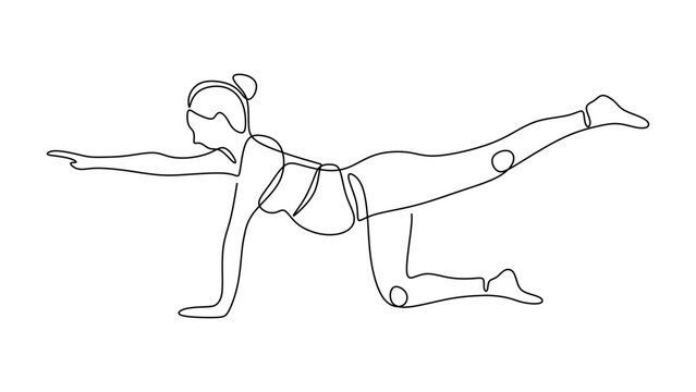 Pregnancy yoga, continuous one line drawing. Sketch art illustration landing page template.