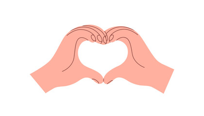 Heart-shaped two hands, fingers forming, making love symbol. Liking gesture, showing support and trust. Romantic relationship expression. Flat vector illustration isolated on white background