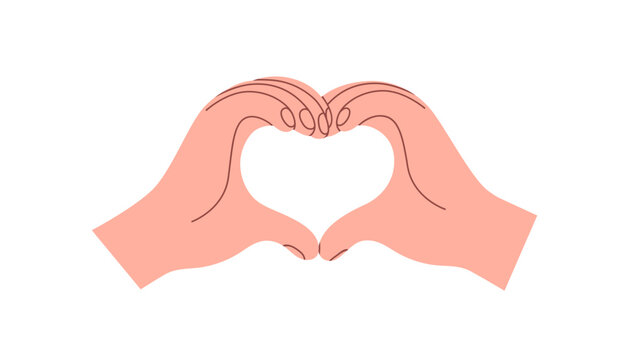 Heart-shaped two hands, fingers forming, making love symbol. Liking gesture, showing support and trust. Romantic relationship expression. Flat vector illustration isolated on white background