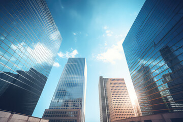 Reflective skyscrapers, business office buildings. low angle view of skyscrapers in city, sunny day. Business wallpaper with modern high-rises with mirrored windows. Generative AI photo.