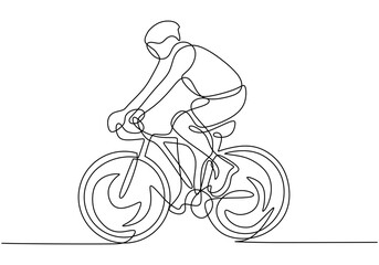 one line drawing cyclist with helmet riding a bicycle. Minimalist design drawing of sportsman doing sport game.