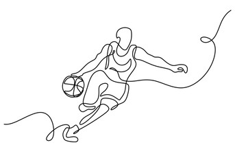 basketball player continuous one line drawing, a man dribbling a ball with power. Sport energy concept. - obrazy, fototapety, plakaty