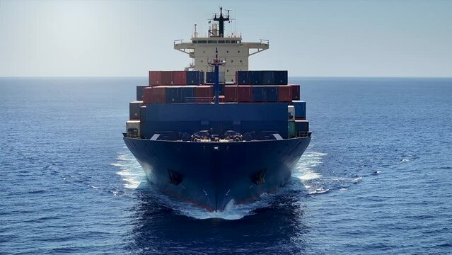 Slow motion front view of a medium sized container cargo ship carrier cruising with speed over the ocean