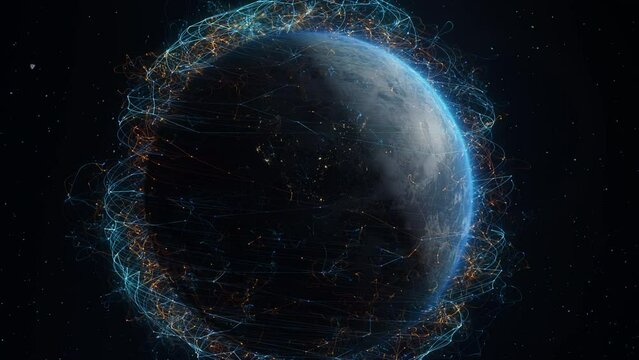3D futuristic animation of digital lines over the Earth globe. Transfer 5G communications signal. Worldwide big data sphere. Global network connection. Modern technologies and digitalization concept.