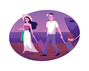 Man and woman with suitcases landed from cruise liner or yacht, Cruise vacation concept, Holiday sea season flat vector illustration