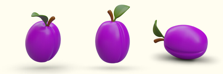 Collection of blue plums with stems and leaves. Sweet fruit in vertical and horizontal position. Illustration for recipes, culinary apps, greengrocers, wineries