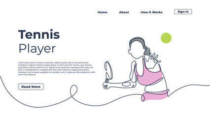 One line drawing woman playing tennis, vector illustration girl with racket continuous single hand drawn graphic. Landing page template web elements with colors.