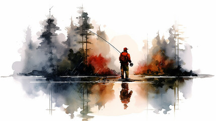 Obraz premium fisherman on a white background watercolor drawing poster. Generative AI