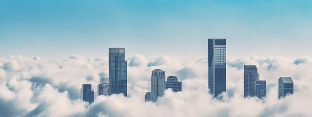 panorama long narrow skyline skyscrapers in the clouds. Generative AI