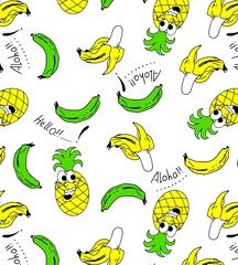 Cartoon of many brown monkeys alternating together with rows of bananas. Bright colors are popular for fashion. gift wrapping paper clothing boy girl seamless hand drawn