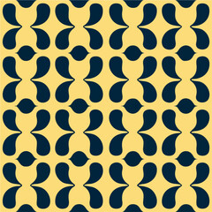 Vibrant yellow background hosts an eye catching black and yellow pattern that repeats seamlessly, presenting an abstract and engaging design, perfect for fabrics and textiles.