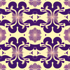 Delightful combination of purple and yellow flowers graces a white background in a repeating fabric pattern, exuding an art nouveau aesthetic.