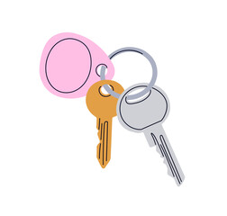 Magnet and metal door keys hanging on ring. Keyring, modern keyholder for locking, unlocking private house, accessing office. Flat vector illustration isolated on white background