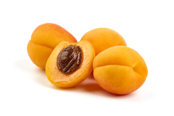 Sweet juicy yellow apricots, isolated on white background.