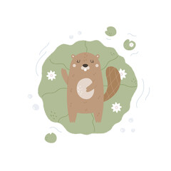 Top view illustration of a funny beaver floating in the pond