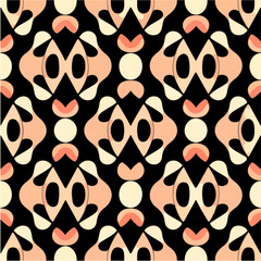 Striking fabric pattern featuring pink and white shapes, seamlessly repeating on a captivating black backdrop.