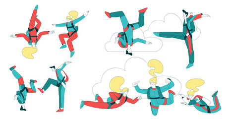 Air Sport with People Character Parachuting and Skydiving Doing Stunts Vector Set