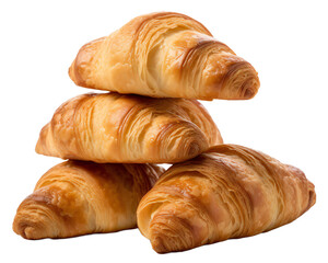 Many classic croissants lie on top of each other. A bunch of croissants from a bakery. Isolated on transparent background. KI.